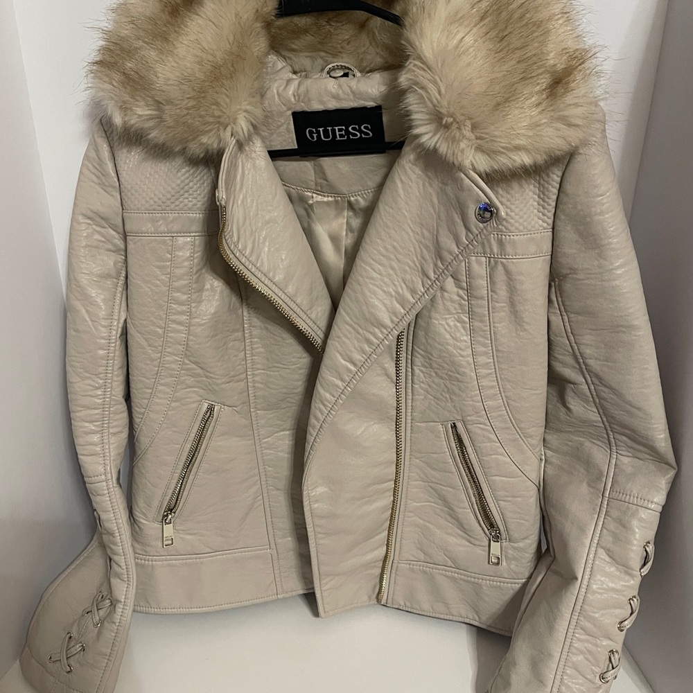 Guess Women's Cream Jacket with Faux Fur Collar